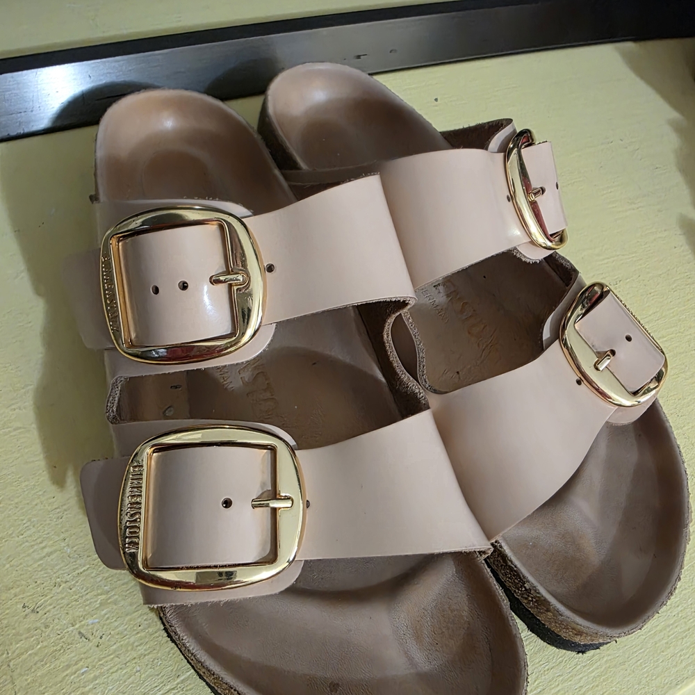Birkenstock Beige Sandals with Gold Buckles - Picture 2 of 7